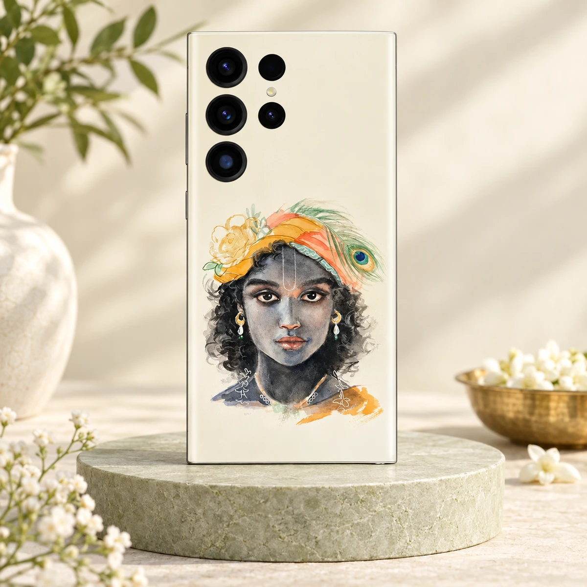 Kanha Watercolour Portrait Mobile Skin - Sage hero Kanha watercolour portrait mobile skin with orange turban and peacock feather on cream displayed on sage stone