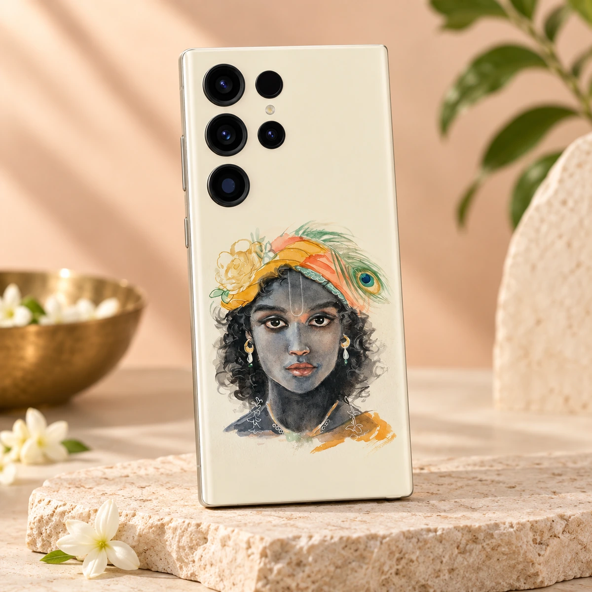 Kanha Watercolour Portrait Mobile Skin - Peach studio Kanha Krishna watercolour portrait phone skin in a peach studio