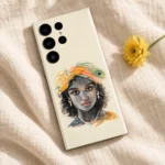 Cream Kanha portrait mobile skin flat lay on natural linen beside a yellow flower