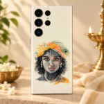 Close detail of Kanha eyes tilak orange turban and peacock feather painting on mobile skin