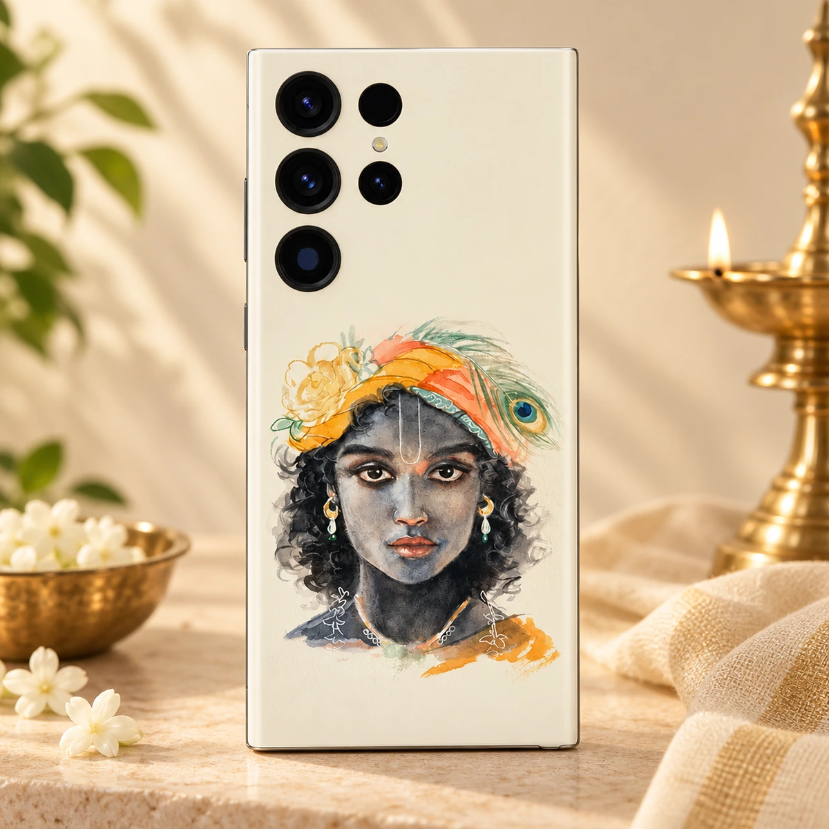 Kanha Watercolour Portrait Mobile Skin - Portrait detail Close detail of Kanha eyes tilak orange turban and peacock feather painting on mobile skin