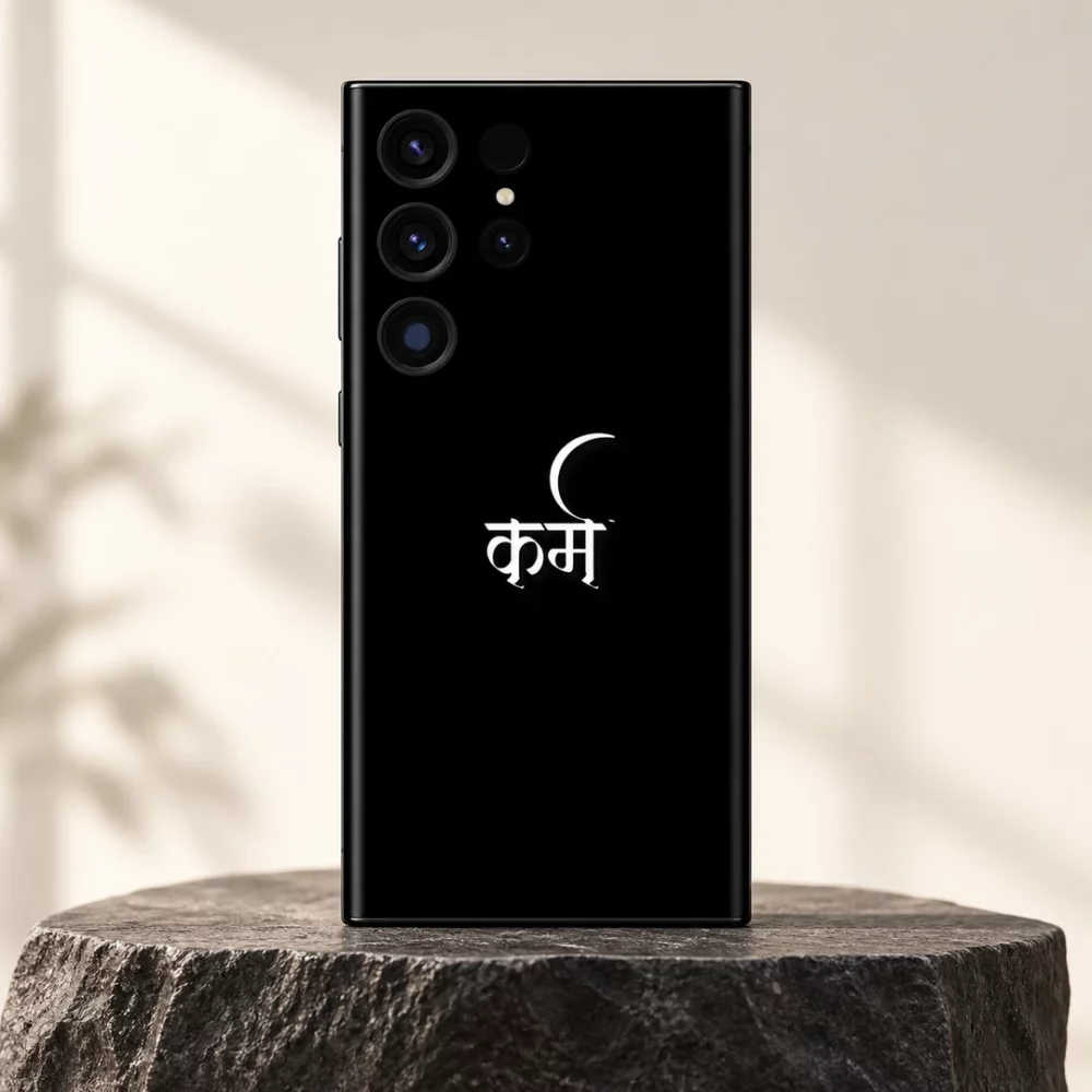 Black Karma mobile skin with white Devanagari calligraphy and curved accent - studio hero