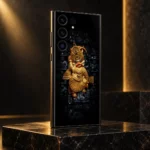 Kashtabhanjan Dev black and gold mobile skin photographed from an angle in a dark studio