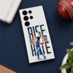 King Kohli mobile skin with Rise Above the Hate artwork in cricket desk flat lay
