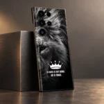 King lion motivational mobile skin with crown and quote in angled metal studio
