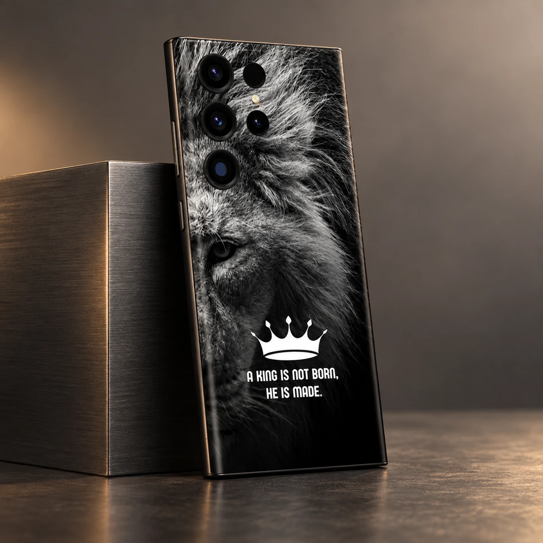 King Lion Motivational Mobile Skin - Angled Metal Studio King lion motivational mobile skin with crown and quote in angled metal studio