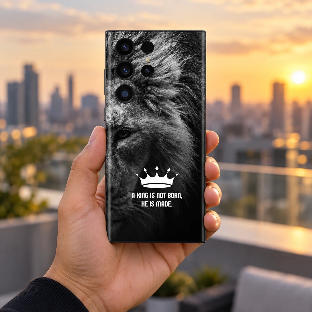 King Lion Motivational Mobile Skin - Golden Hour Lifestyle King lion motivational mobile skin with crown and quote in golden hour lifestyle