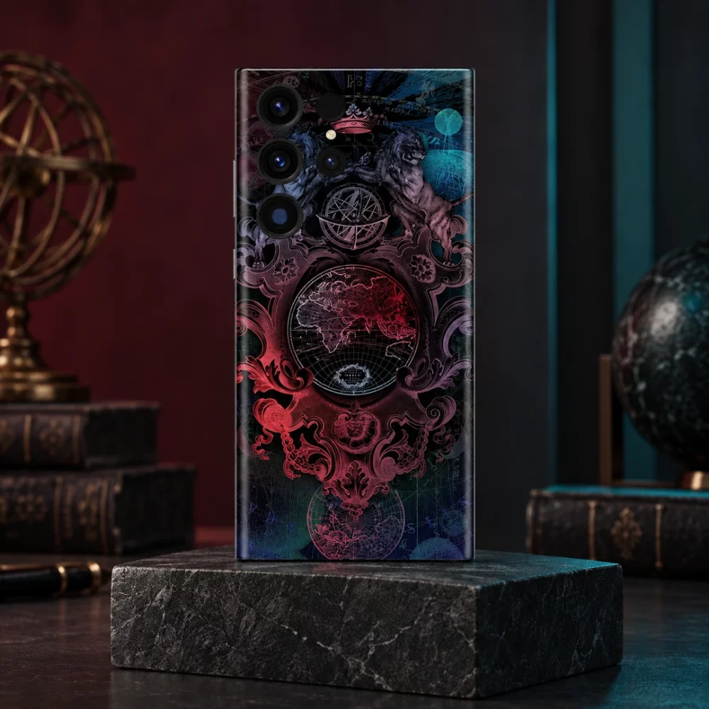 Dark King of Globe mobile skin with an ornate world map, heraldic lions, crown and celestial details, graphite study hero