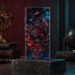 Dark King of Globe mobile skin with an ornate world map, heraldic lions, crown and celestial details, graphite study hero