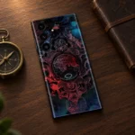 Dark King of Globe mobile skin with an ornate world map, heraldic lions, crown and celestial details, walnut desk flat lay