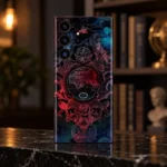 Dark King of Globe mobile skin with an ornate world map, heraldic lions, crown and celestial details, marble library editorial