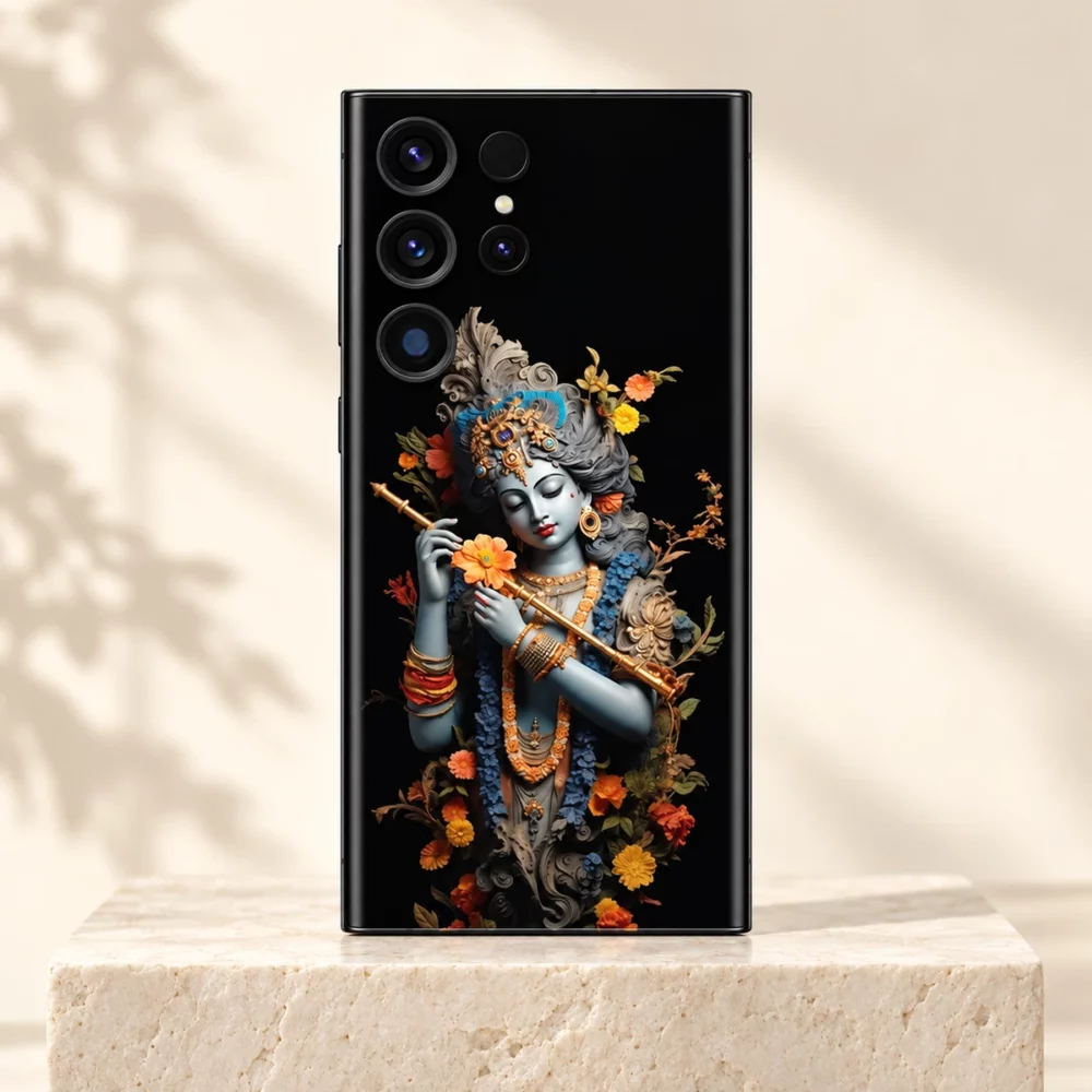 Krishna Colorful mobile skin with blue-grey portrait golden flute and orange flowers on an ivory pedestal