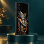 Krishna Colorful floral flute mobile skin in a dark teal studio