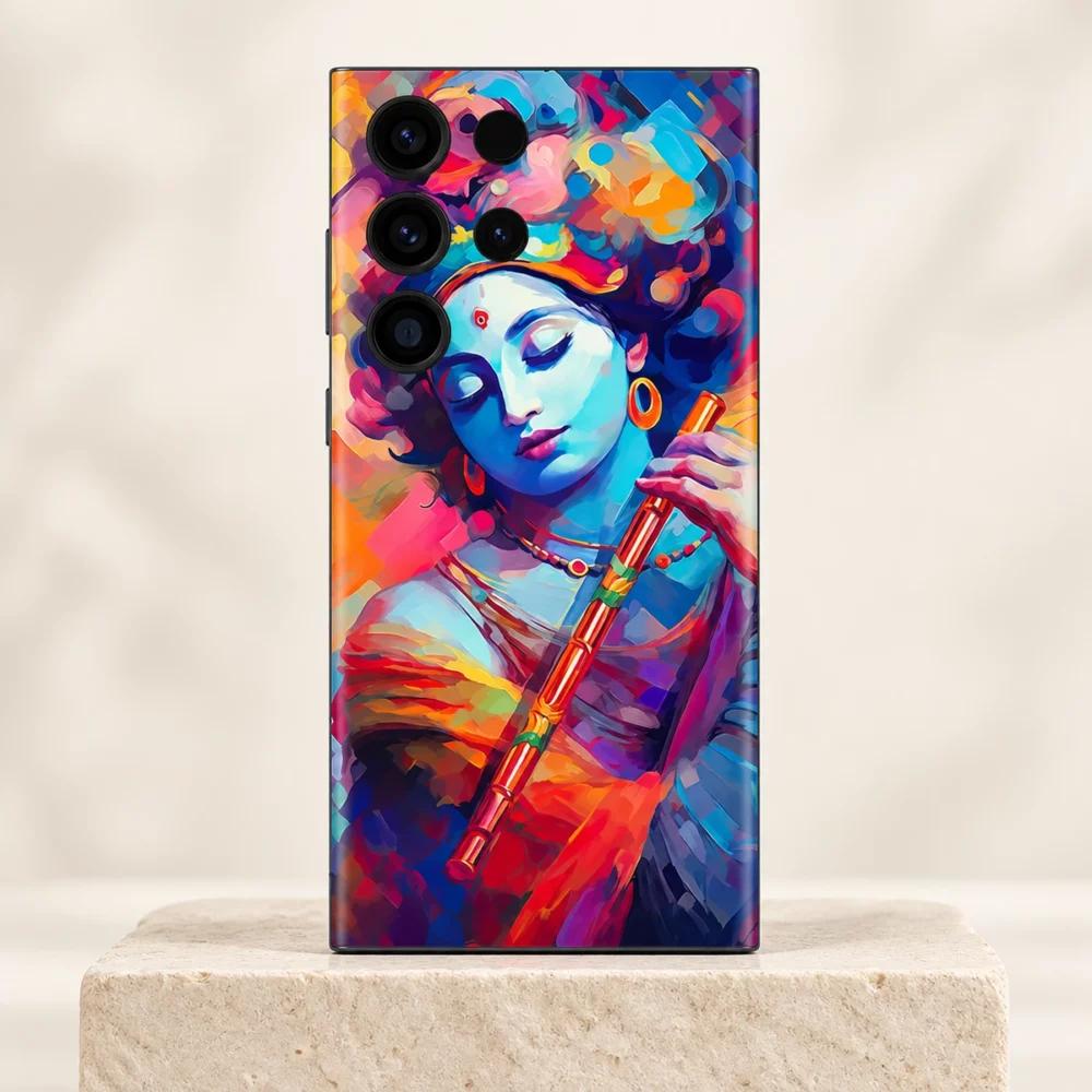 Krishna mobile skin with colourful blue portrait and golden orange flute, ivory studio hero