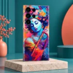 Krishna mobile skin with colourful blue portrait and golden orange flute, teal studio angle