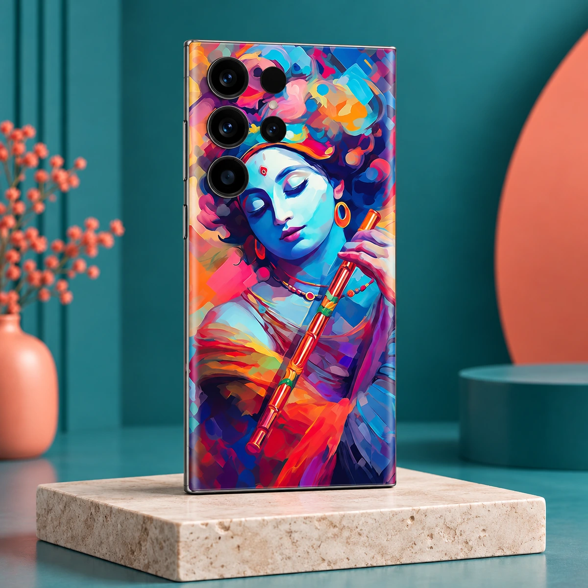 Krishna Colourful Flute Portrait Mobile Skin - Teal studio angle Krishna mobile skin with colourful blue portrait and golden orange flute, teal studio angle