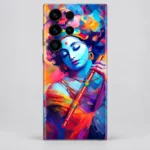 Krishna mobile skin with colourful blue portrait and golden orange flute, portrait detail