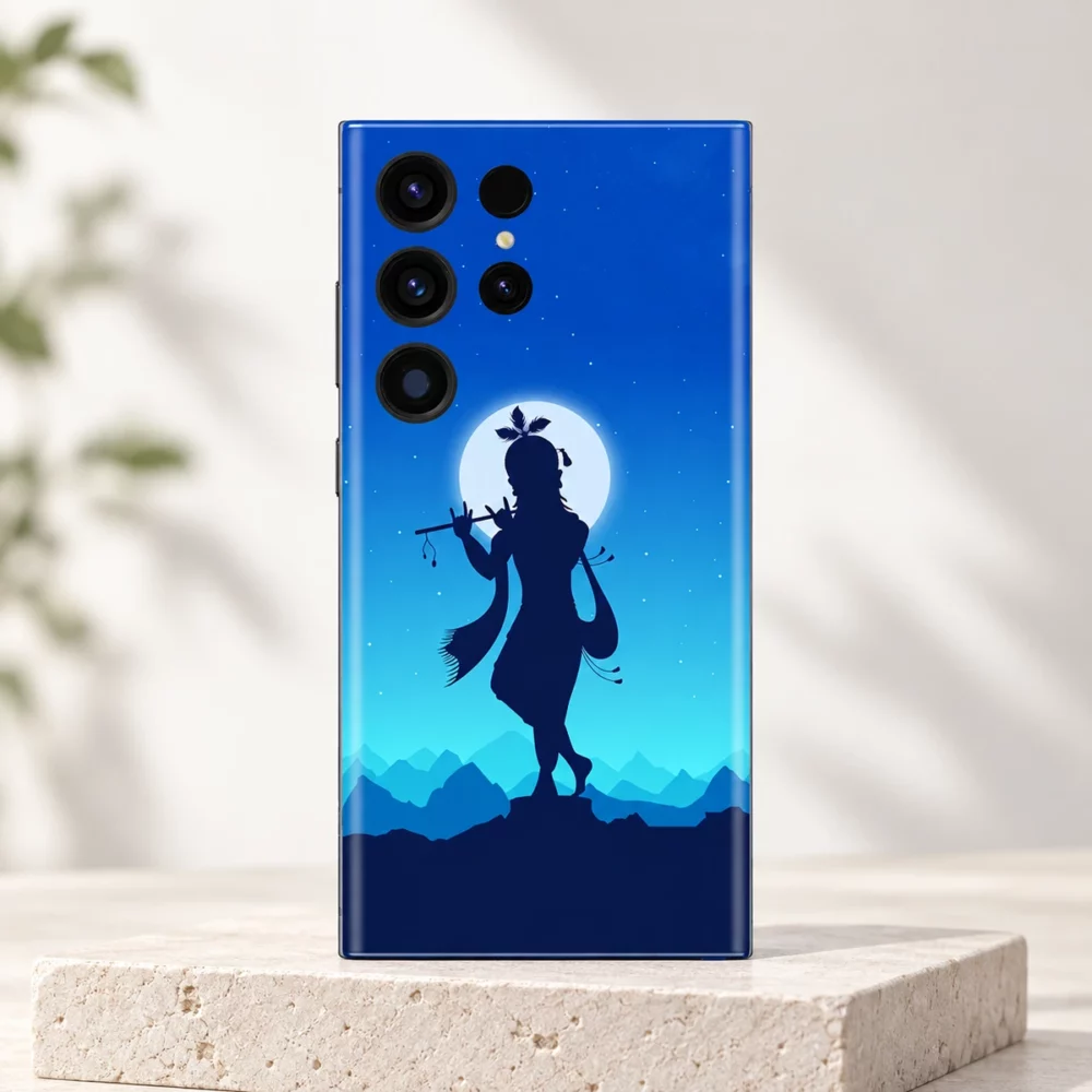 Krishna flute silhouette mobile skin with moon and blue mountains on an ivory studio pedestal