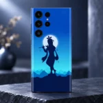 Close detail of Krishna flute silhouette and full moon phone skin artwork