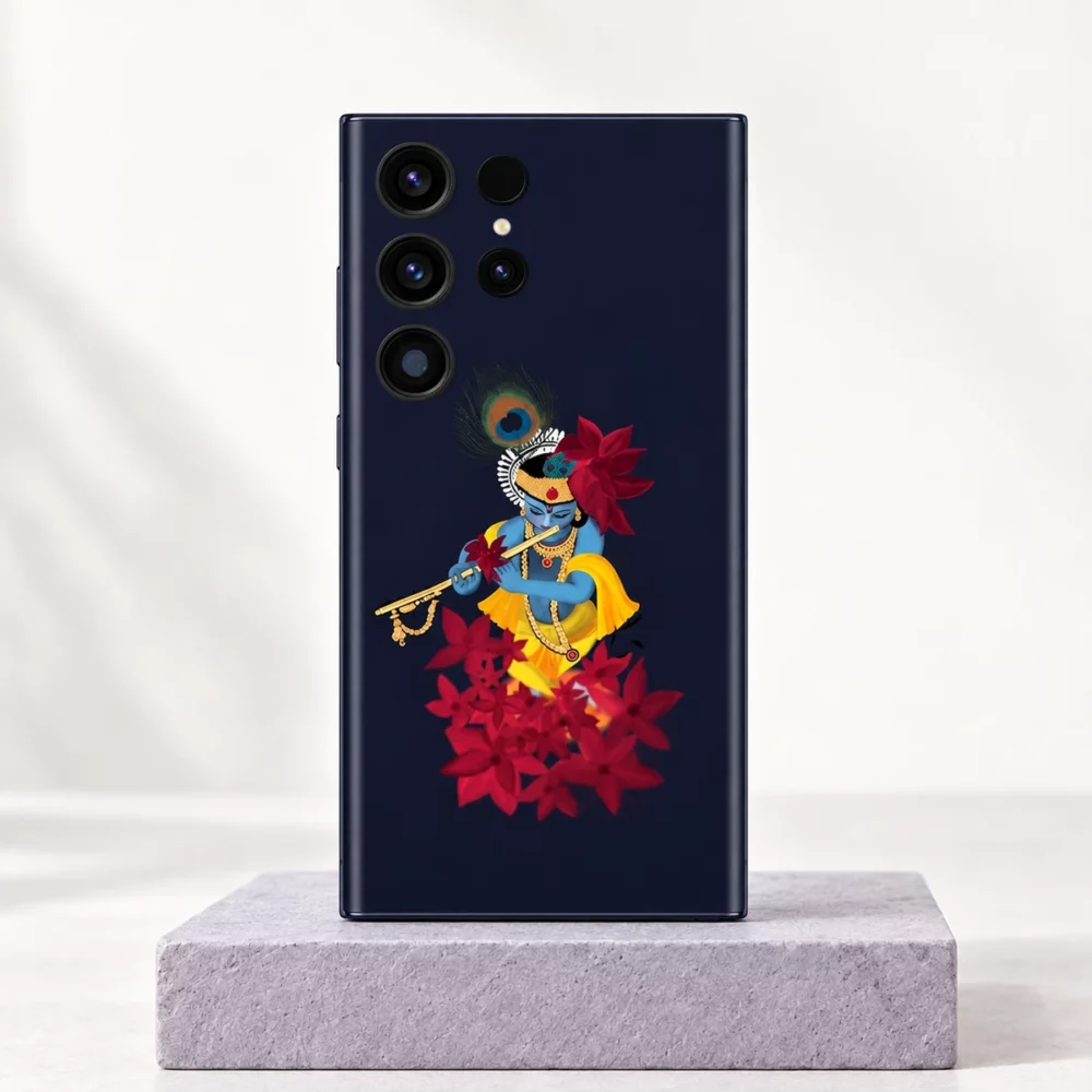 Krishna red flower painting mobile skin with golden flute on navy blue – clean studio hero