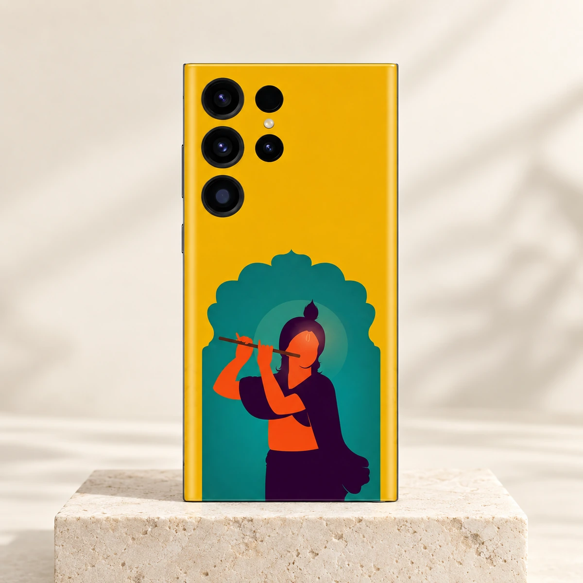 Krishna Teal Arch Mobile Skin - Hero Krishna teal arch mobile skin upright on a light stone plinth