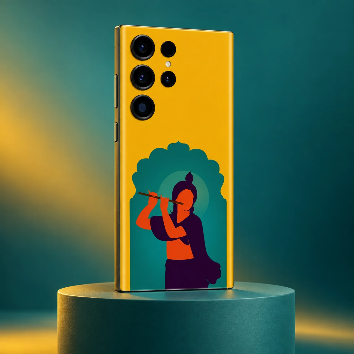 Krishna Teal Arch Mobile Skin - Teal Studio Krishna painting mobile skin on a teal studio pedestal