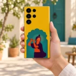 Krishna teal arch mobile skin held in hand in a bright courtyard