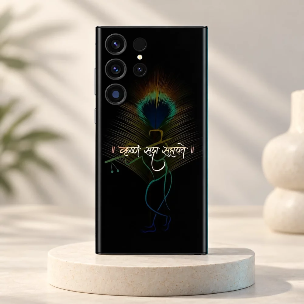 Black Krushnam Sada Sahayate mobile skin with peacock feather and Krishna line art on an ivory pedestal