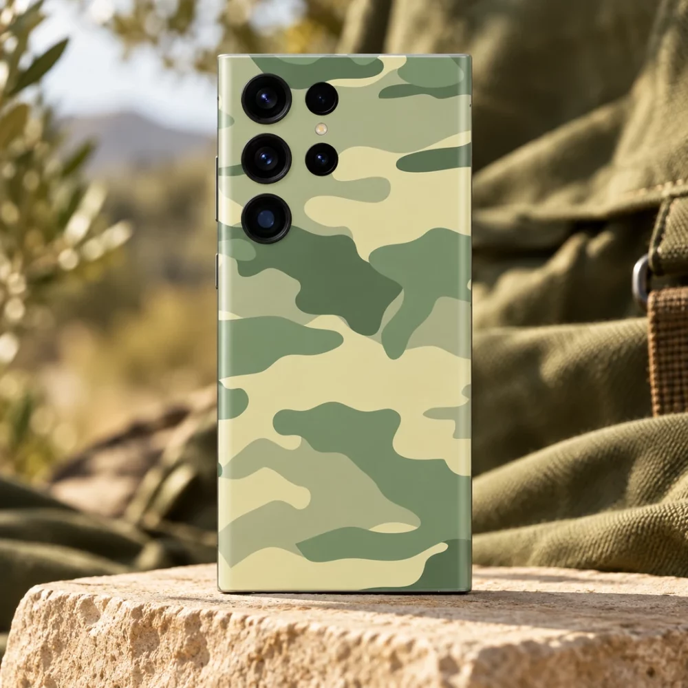 Light army camouflage mobile skin in sage, olive and pale khaki, sandstone hero view