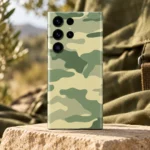 Light army camouflage mobile skin in sage, olive and pale khaki, sandstone hero view