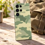 Light army camouflage mobile skin in sage, olive and pale khaki, canvas lifestyle view