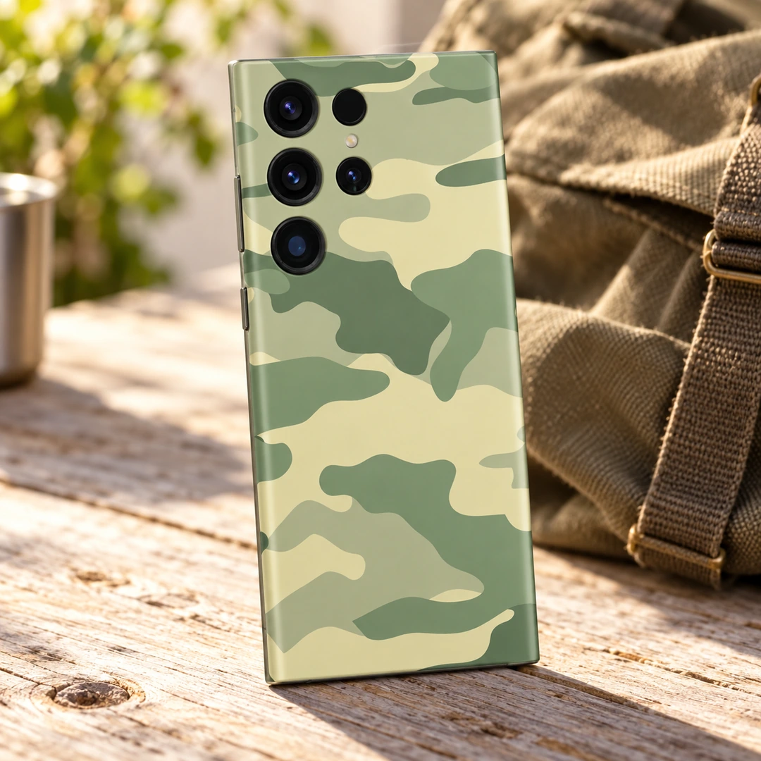 Light Army Camouflage Mobile Skin - Canvas Lifestyle Light army camouflage mobile skin in sage, olive and pale khaki, canvas lifestyle view