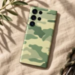 Light army camouflage mobile skin in sage, olive and pale khaki, linen flat lay view