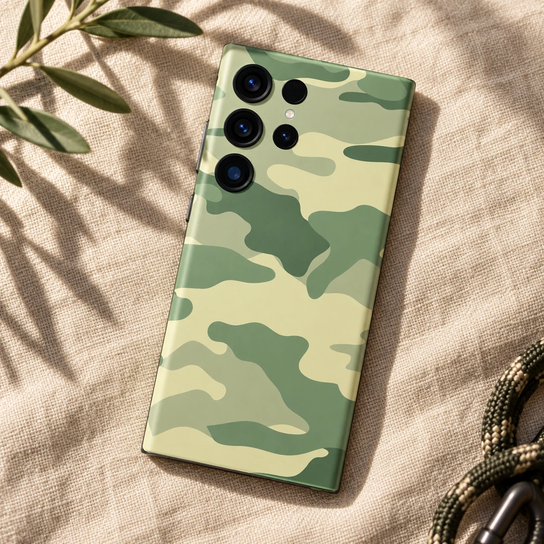 Light Army Camouflage Mobile Skin - Linen Flat Lay Light army camouflage mobile skin in sage, olive and pale khaki, linen flat lay view