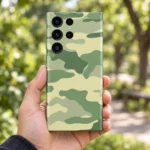 Light army camouflage mobile skin in sage, olive and pale khaki, outdoor handheld view