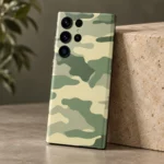 Light army camouflage mobile skin in sage, olive and pale khaki, studio detail view