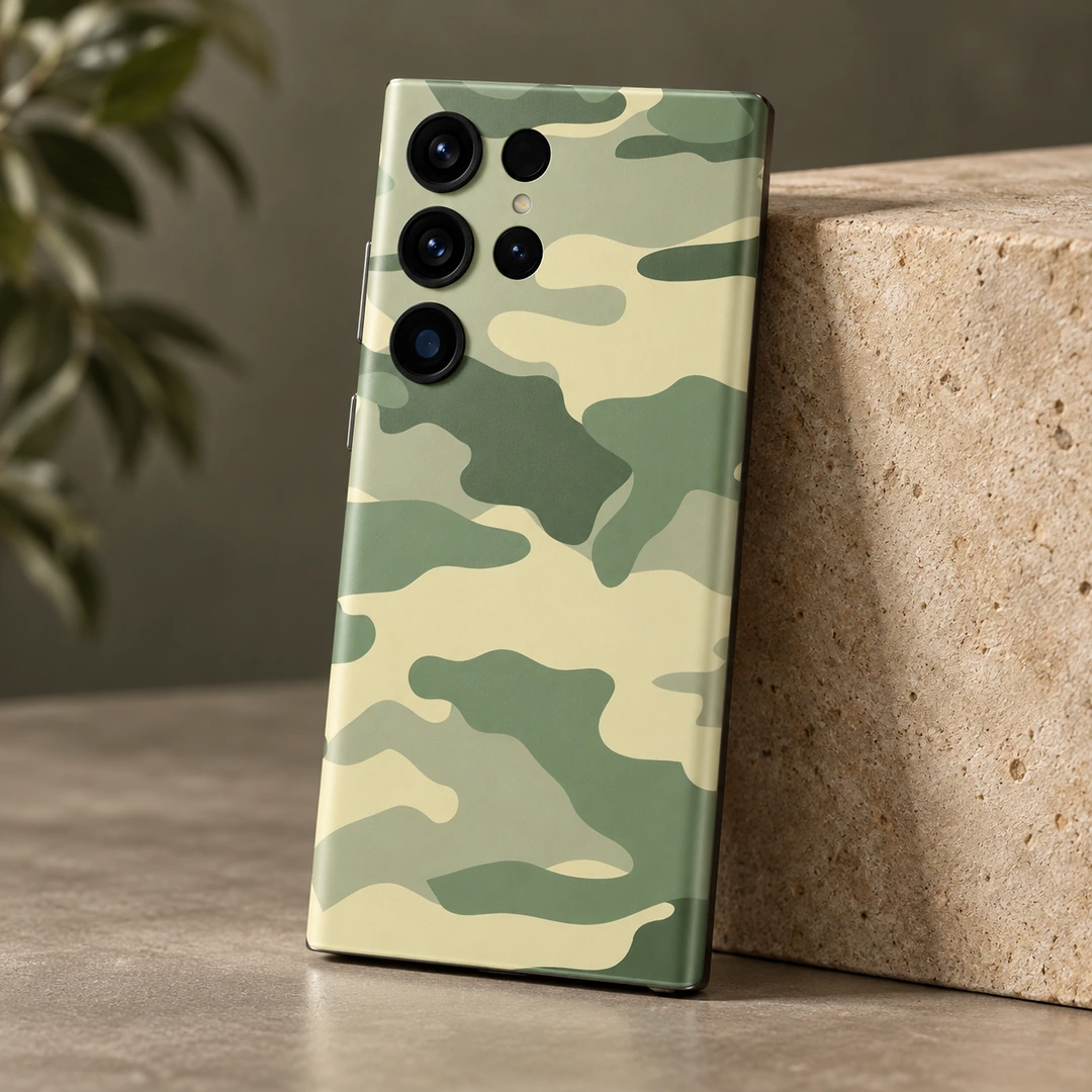 Light Army Camouflage Mobile Skin - Studio Detail Light army camouflage mobile skin in sage, olive and pale khaki, studio detail view
