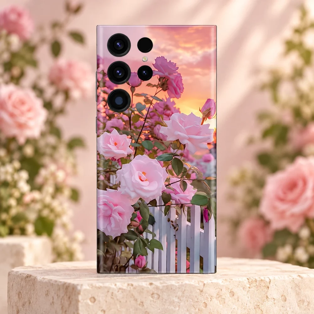 Light pink roses mobile skin with sunset sky and white picket fence - blush botanical hero