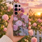 Light pink roses mobile skin with sunset sky and white picket fence - rose garden handheld