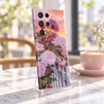 Light pink roses mobile skin with sunset sky and white picket fence - cafe rear view