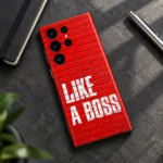 Like A Boss Red Brick Mobile Skin, charcoal desk flat lay
