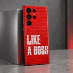 Like A Boss Red Brick Mobile Skin, brushed steel angled view