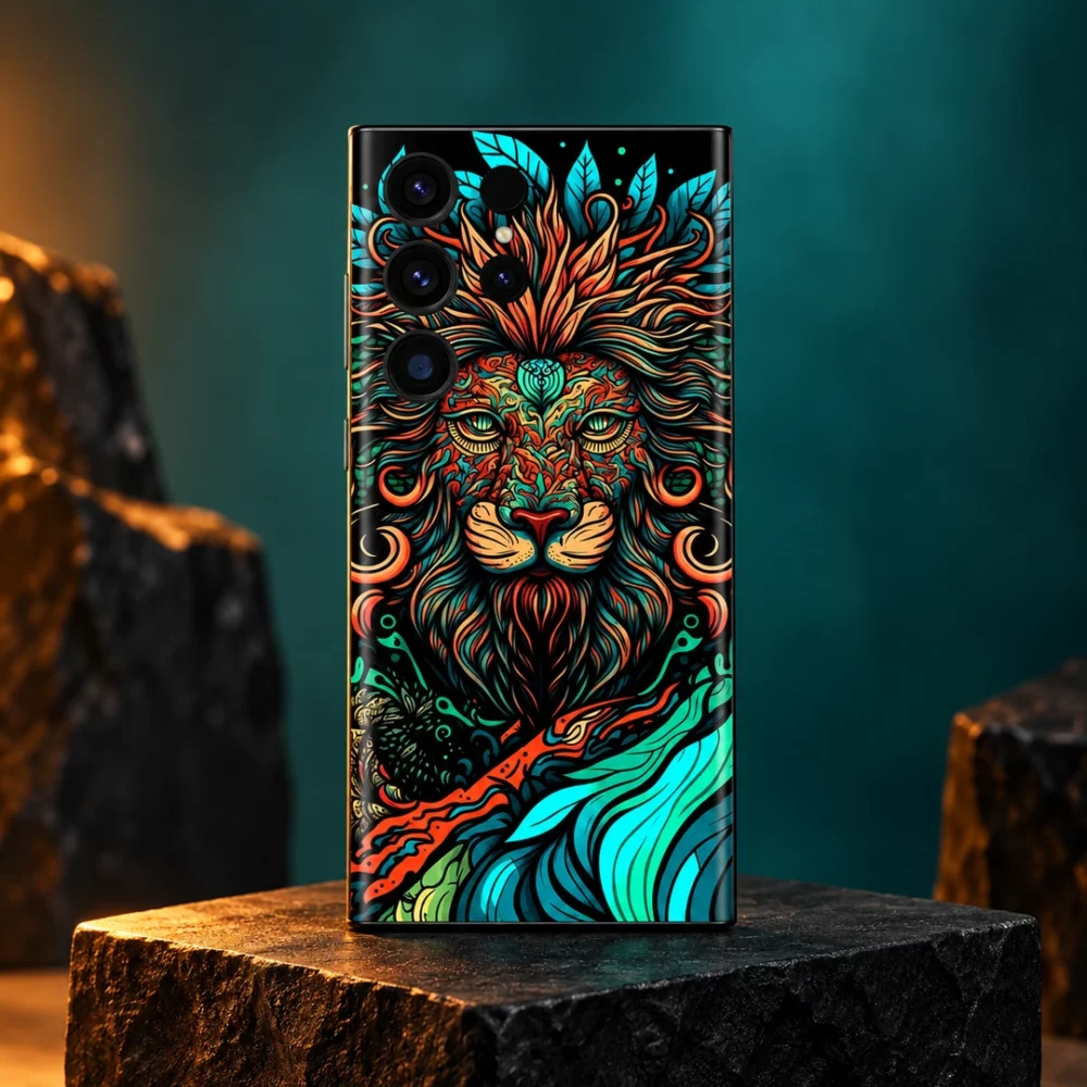 Lion Art Mobile Skin with an orange and teal ornamental lion face, teal and amber hero