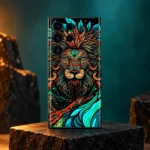 Lion Art Mobile Skin with an orange and teal ornamental lion face, teal and amber hero