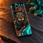 Lion Art Mobile Skin with an orange and teal ornamental lion face, slate angle