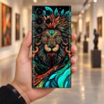 Lion Art Mobile Skin with an orange and teal ornamental lion face, gallery handheld view