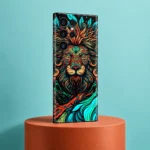 Lion Art Mobile Skin with an orange and teal ornamental lion face, turquoise studio view