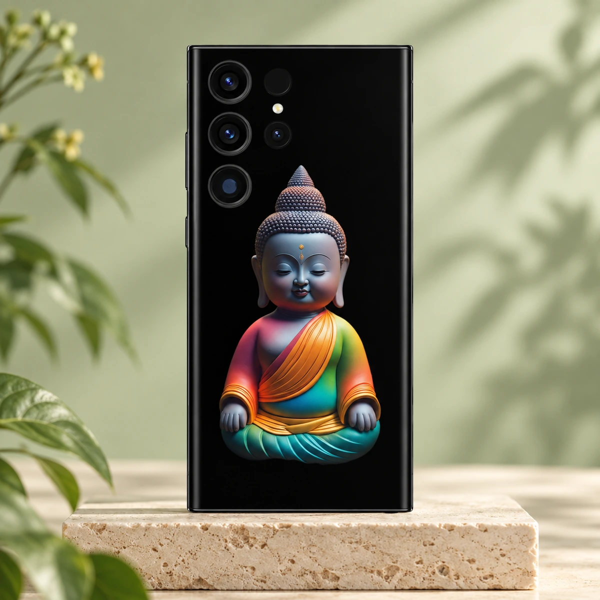 Lord Buddha Rainbow Mobile Skin - sage hero Lord Buddha Rainbow Meditation Mobile Skin on a travertine pedestal with sage green background