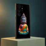 Lord Buddha black mobile skin with colourful seated Buddha artwork from a teal studio rear angle