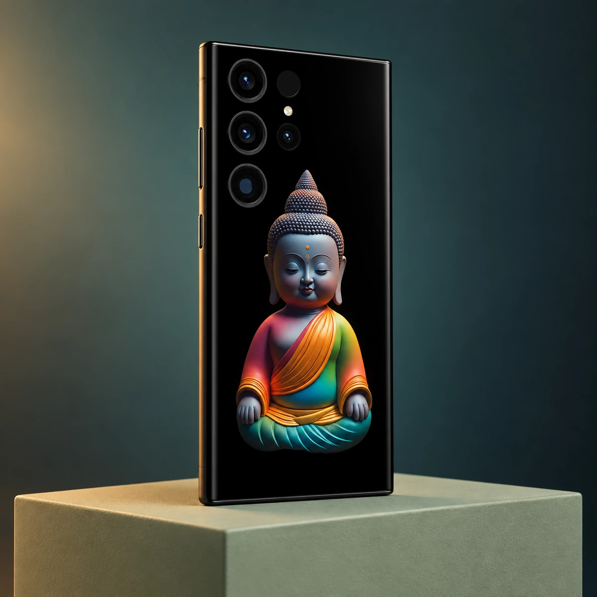 Lord Buddha Rainbow Mobile Skin - teal angle Lord Buddha black mobile skin with colourful seated Buddha artwork from a teal studio rear angle